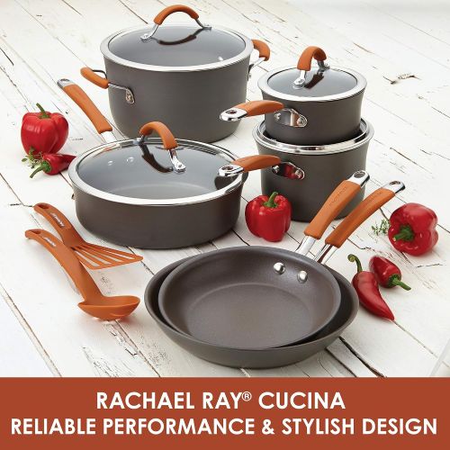  Rachael Ray Cucina Dishwasher Safe Hard Anodized Nonstick Cookware Pots and Pans Set, 12 Piece, Gray with Orange Handles