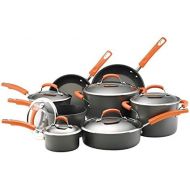 Rachael Ray Brights Hard-Anodized Nonstick Cookware Set with Glass Lids, 14-Piece Pot and Pan Set, Gray with Orange Handles