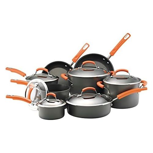  Rachael Ray Brights Hard-Anodized Nonstick Cookware Set with Glass Lids, 14-Piece Pot and Pan Set, Gray with Orange Handles