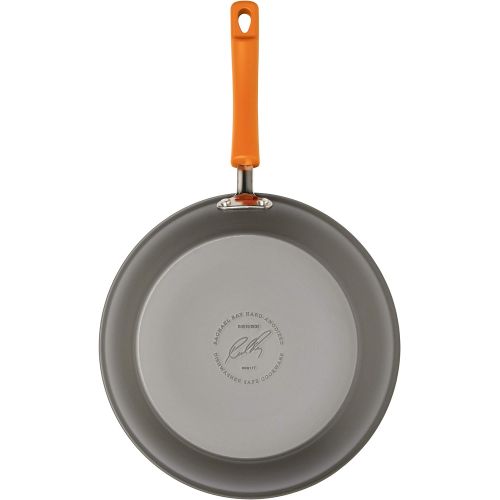 Rachael Ray Brights Hard-Anodized Nonstick Cookware Set with Glass Lids, 14-Piece Pot and Pan Set, Gray with Orange Handles
