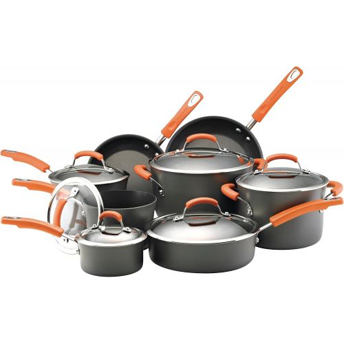  Rachael Ray Brights Hard-Anodized Nonstick Cookware Set with Glass Lids, 14-Piece Pot and Pan Set, Gray with Orange Handles