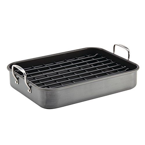  Rachael Ray 87657 Brights Hard Anodized Nonstick Roaster / Roasting Pan with Rack - 16 Inch x 12 Inch, Gray: Kitchen & Dining