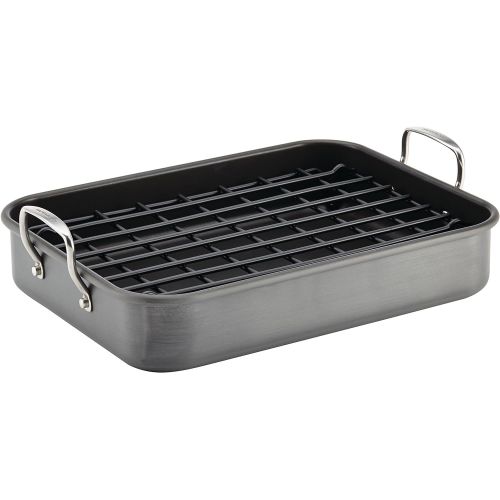  Rachael Ray 87657 Brights Hard Anodized Nonstick Roaster / Roasting Pan with Rack - 16 Inch x 12 Inch, Gray: Kitchen & Dining