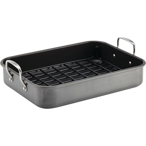  Rachael Ray 87657 Brights Hard Anodized Nonstick Roaster / Roasting Pan with Rack - 16 Inch x 12 Inch, Gray: Kitchen & Dining