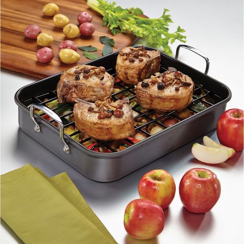  Rachael Ray 87657 Brights Hard Anodized Nonstick Roaster / Roasting Pan with Rack - 16 Inch x 12 Inch, Gray: Kitchen & Dining