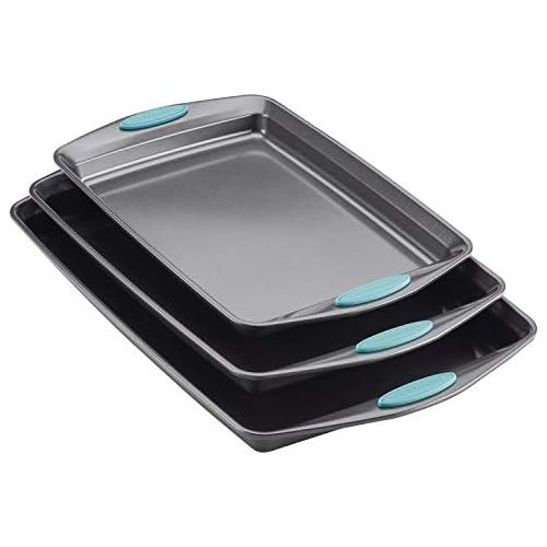  Rachael Ray 47576 Bakeware Nonstick Cookie Pan Set, 3-Piece, Gray with Agave Blue Grips: Kitchen & Dining