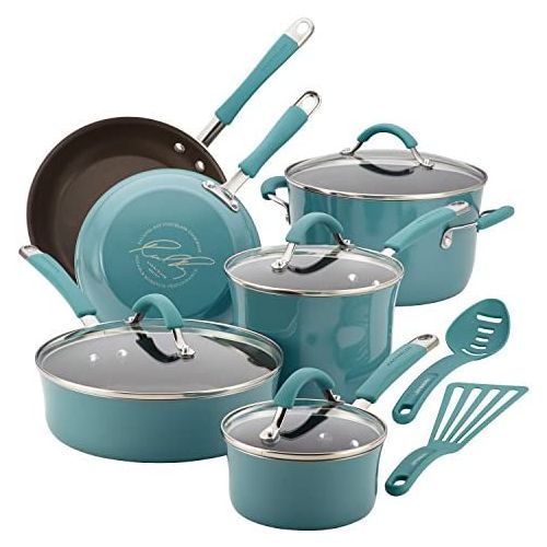  Rachael Ray Cucina Nonstick Cookware Pots and Pans Set, 12 Piece, Agave Blue