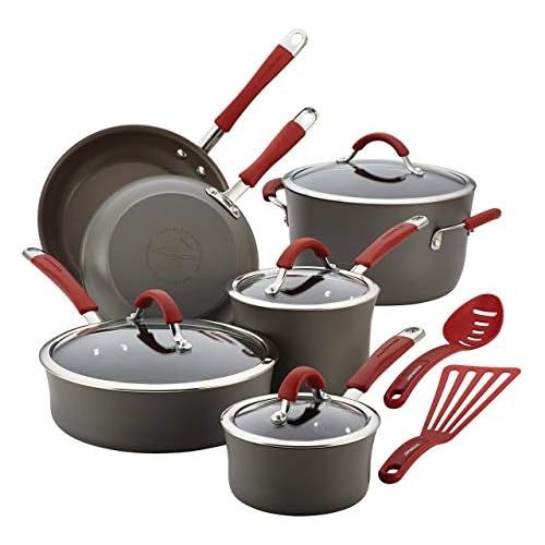  Rachael Ray - 87630 Rachael Ray Cucina Hard Anodized Nonstick Cookware Pots and Pans Set, 12 Piece, Gray with Red Handles