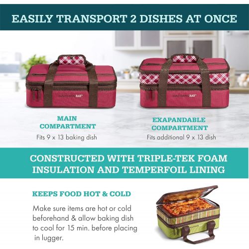  Rachael Ray Expandable Lasagna Lugger, Reusable Insulated Casserole Carrier Keeps Food Hot or Cold for Hours, Perfect for Lasagna Pan, Casserole Dish, Baking Dish & More, Burgundy