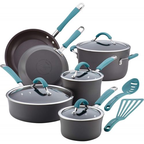  Rachael Ray Cucina Hard Anodized Nonstick Cookware Pots and Pans Set, 12 Piece, Gray with Blue Handles