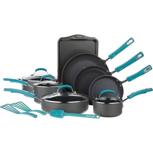  Rachael Ray Classic Brights Hard Anodized Nonstick Cookware Pots and Pans Set, 15 Piece - Agave Blue