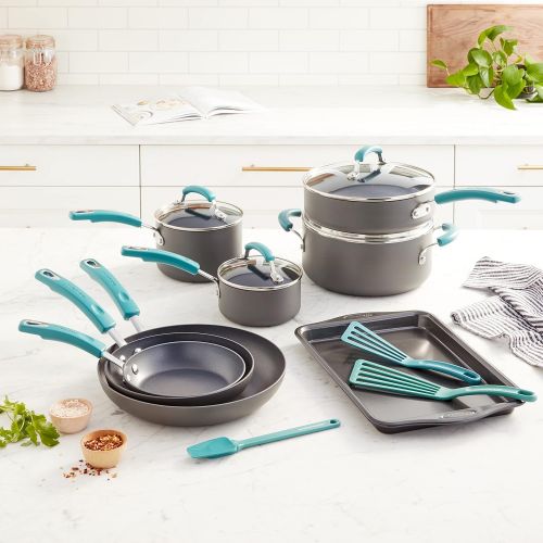  Rachael Ray Classic Brights Hard Anodized Nonstick Cookware Pots and Pans Set, 15 Piece - Agave Blue