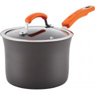 Rachael Ray Brights Hard Anodized Nonstick Sauce Pan/Saucepan with Lid, 3 Quart, Gray with orange handles