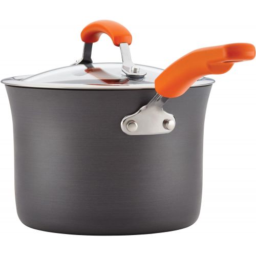  Rachael Ray Brights Hard Anodized Nonstick Sauce Pan/Saucepan with Lid, 3 Quart, Gray with orange handles