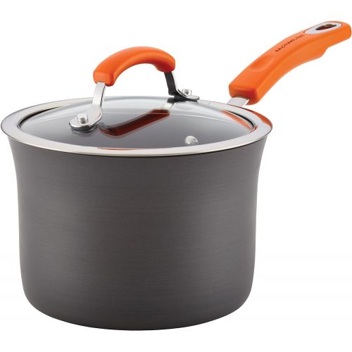  Rachael Ray Brights Hard Anodized Nonstick Sauce Pan/Saucepan with Lid, 3 Quart, Gray with orange handles