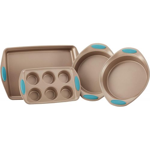  [아마존베스트]Rachael Ray 52389 Cucina Nonstick Bakeware Set with Grips includes Nonstick Cake Pans, Cookie Sheet / Baking Sheet and Muffin Pan / Cupcake Pan - 4 Piece, Latte Brown with Agave Bl