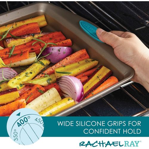  [아마존베스트]Rachael Ray 52389 Cucina Nonstick Bakeware Set with Grips includes Nonstick Cake Pans, Cookie Sheet / Baking Sheet and Muffin Pan / Cupcake Pan - 4 Piece, Latte Brown with Agave Bl