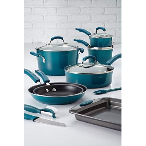  [아마존베스트]Rachael Ray Brights Nonstick Cookware Set / Pots and Pans Set - 14 Piece, Marine Blue