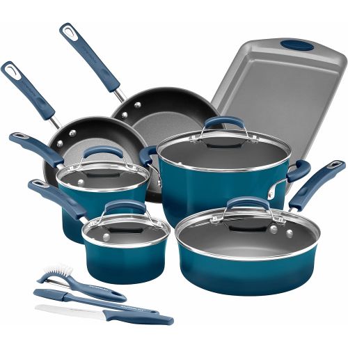  [아마존베스트]Rachael Ray Brights Nonstick Cookware Set / Pots and Pans Set - 14 Piece, Marine Blue