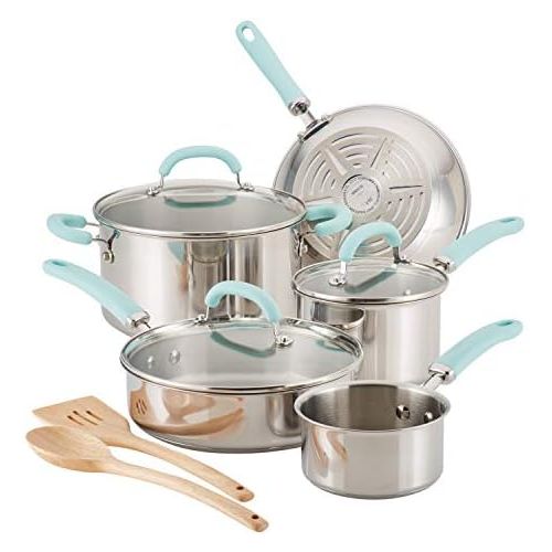  [아마존베스트]Rachael Ray Create Delicious Stainless Steel Cookware Set, 10-Piece Pots and Pans Set, Stainless Steel with Light Blue Handles