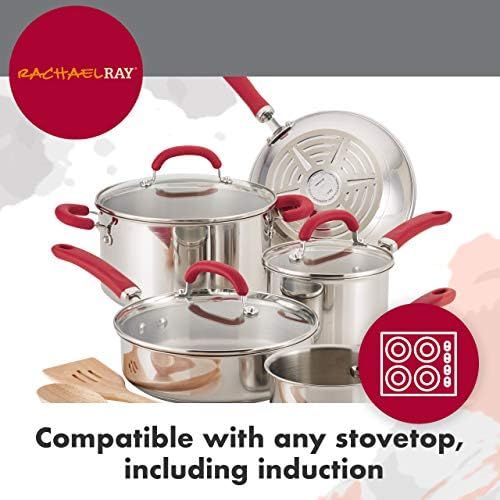  [아마존베스트]Rachael Ray Create Delicious Stainless Steel Cookware Set, 10-Piece Pots and Pans Set, Stainless Steel with Light Blue Handles