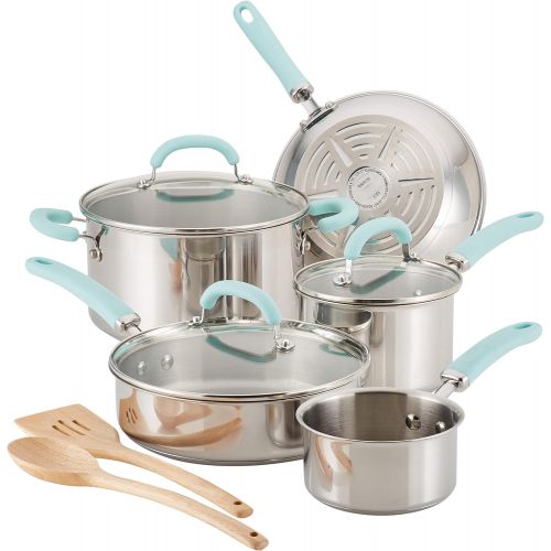  [아마존베스트]Rachael Ray Create Delicious Stainless Steel Cookware Set, 10-Piece Pots and Pans Set, Stainless Steel with Light Blue Handles