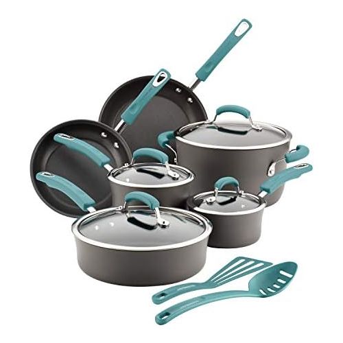  [아마존베스트]Rachael Ray Brights Hard Anodized Nonstick Cookware Pots and Pans Set, 12 Piece, Gray with Agave Blue Handles