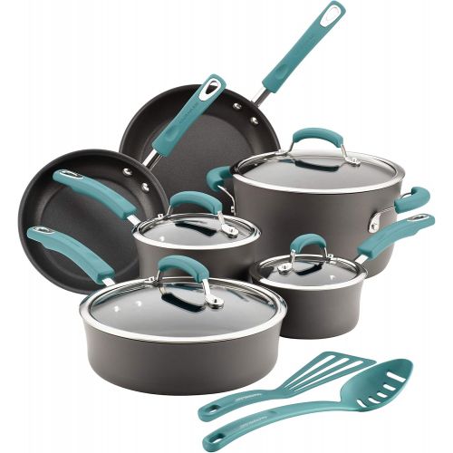  [아마존베스트]Rachael Ray Brights Hard Anodized Nonstick Cookware Pots and Pans Set, 12 Piece, Gray with Agave Blue Handles