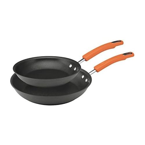  [아마존베스트]Rachael Ray Brights Hard Anodized Nonstick Frying Pan Set / Fry Pan Set / Hard Anodized Skillet Set - 9.25 Inch and 11.5 Inch, Gray with Orange Handles