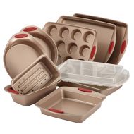 Rachael Ray Cucina Nonstick Bakeware 10-Piece Set, Latte Brown with Cranberry Red Handle Grips