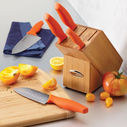  Rachael Ray 6-Piece Japanese Stainless Steel Knife Block Set with Orange Handles