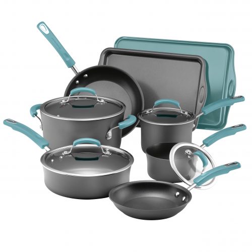  Rachael Ray Hard-Anodized Nonstick 12-Piece Cookware Set, Grey with Red Handles