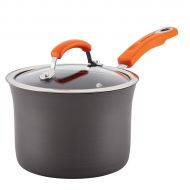 Rachael Ray Hard-Anodized Aluminum Nonstick 3-Quart Covered Saucepan, Gray with Orange Handle