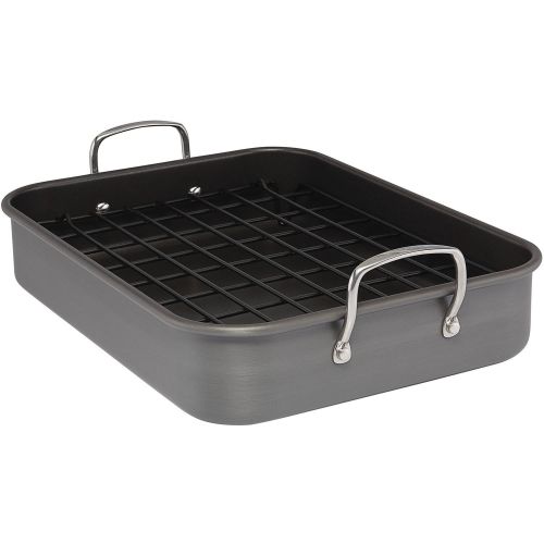  Rachael Ray Hard-Anodized Nonstick Bakeware 16 x 12 Roaster with Dual-Height Rack, Gray