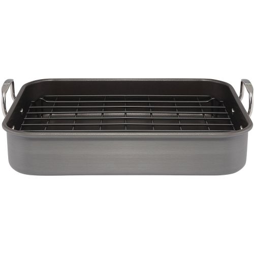  Rachael Ray Hard-Anodized Nonstick Bakeware 16 x 12 Roaster with Dual-Height Rack, Gray