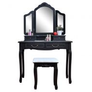 Radarfn Vanity Set Dressing Table,Tri-fold Makeup Dressing Mirror Removable Mirror Organizer with Cushioned Stool for Women Girl Fold Desk Vanities Dressing Tables (Black)