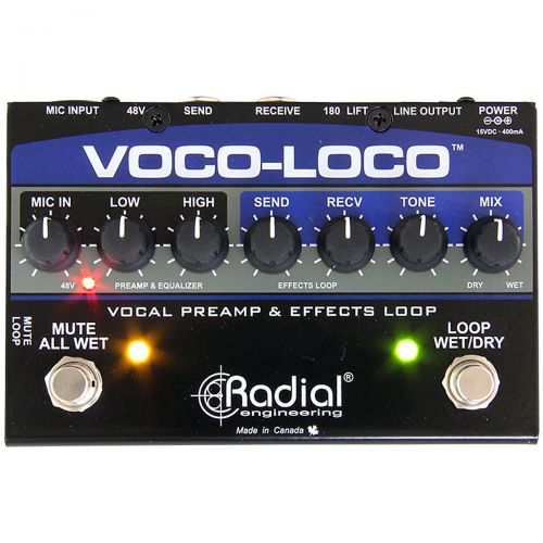  Radial Engineering},description:The Voco-Loco is a foot-controlled effects loop that enables the lead vocalist, sax or trumpet player to incorporate guitar effects pedals into the
