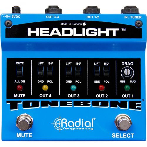  Radial Engineering},description:The Headlight is a unity gain guitar amp selector designed to easily integrate on a pedalboard and allow the artist to seamlessly switch between as