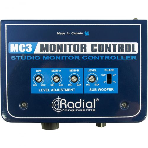  Radial Engineering},description:The Radial MC3 monitor controller is a studio tool that enables you to quickly select between reference monitors, sub woofer or headphones and compa