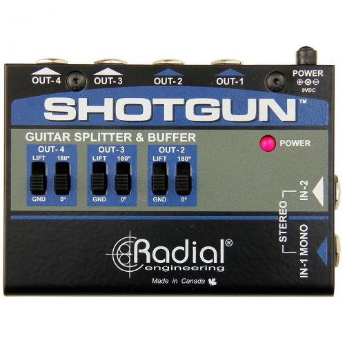  Radial Engineering},description:The Shotgun is a compact guitar-level signal buffer designed to drive up to four amplifiers simultaneously and fit nicely on any pedalboard. It fea