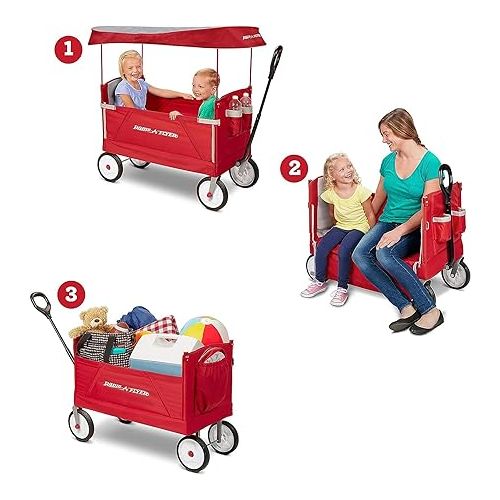  Radio Flyer 3-in-1 EZ Fold Wagon; Red Folding Wagon with Canopy; Collapsible Wagon for Kids, Cargo, & Garden