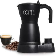 Rae Dunn 300ml Electric Espresso Maker: Brew Full-Bodied Coffee, Portable Mocha Pot, 6-Minute Boil, 15-Min Timer with Auto Shut-Off. Stylishly Labeled COFFEE, Black