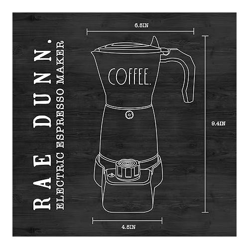  Rae Dunn 300ml Electric Espresso Maker: Brew Full-Bodied Coffee, Portable Mocha Pot, 6-Minute Boil, 15-Min Timer with Auto Shut-Off. Stylishly Labeled COFFEE, Black