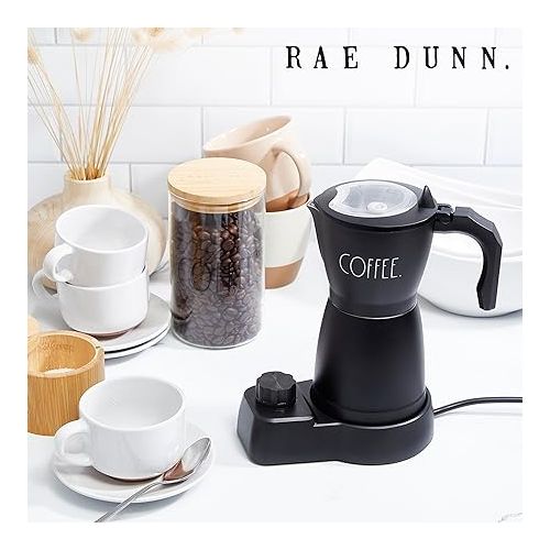  Rae Dunn 300ml Electric Espresso Maker: Brew Full-Bodied Coffee, Portable Mocha Pot, 6-Minute Boil, 15-Min Timer with Auto Shut-Off. Stylishly Labeled COFFEE, Black