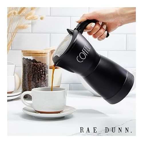  Rae Dunn 300ml Electric Espresso Maker: Brew Full-Bodied Coffee, Portable Mocha Pot, 6-Minute Boil, 15-Min Timer with Auto Shut-Off. Stylishly Labeled COFFEE, Black