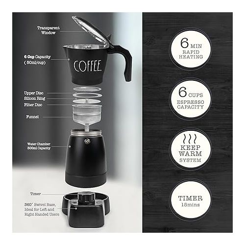  Rae Dunn 300ml Electric Espresso Maker: Brew Full-Bodied Coffee, Portable Mocha Pot, 6-Minute Boil, 15-Min Timer with Auto Shut-Off. Stylishly Labeled COFFEE, Black