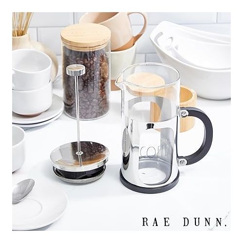  Rae Dunn Glass French Press - COFFEE - Premium Coffee Maker with Elegant Font Design - Heat-Resistant - Stainless Steel Plunger and Frame - Great for Brewing Your Morning Coffee in Style