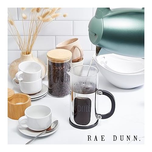  Rae Dunn Glass French Press - COFFEE - Premium Coffee Maker with Elegant Font Design - Heat-Resistant - Stainless Steel Plunger and Frame - Great for Brewing Your Morning Coffee in Style