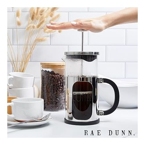  Rae Dunn Glass French Press - COFFEE - Premium Coffee Maker with Elegant Font Design - Heat-Resistant - Stainless Steel Plunger and Frame - Great for Brewing Your Morning Coffee in Style