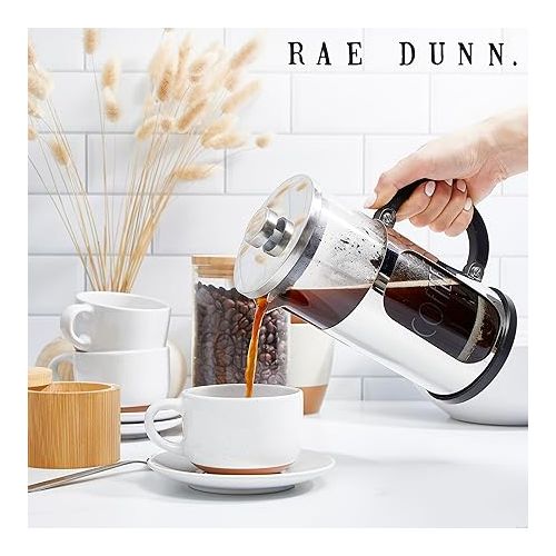  Rae Dunn Glass French Press - COFFEE - Premium Coffee Maker with Elegant Font Design - Heat-Resistant - Stainless Steel Plunger and Frame - Great for Brewing Your Morning Coffee in Style